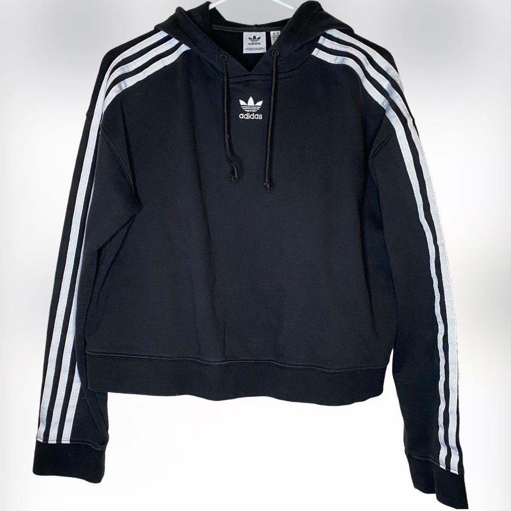 Adidas three stripe long crop women’s hoodie black and white